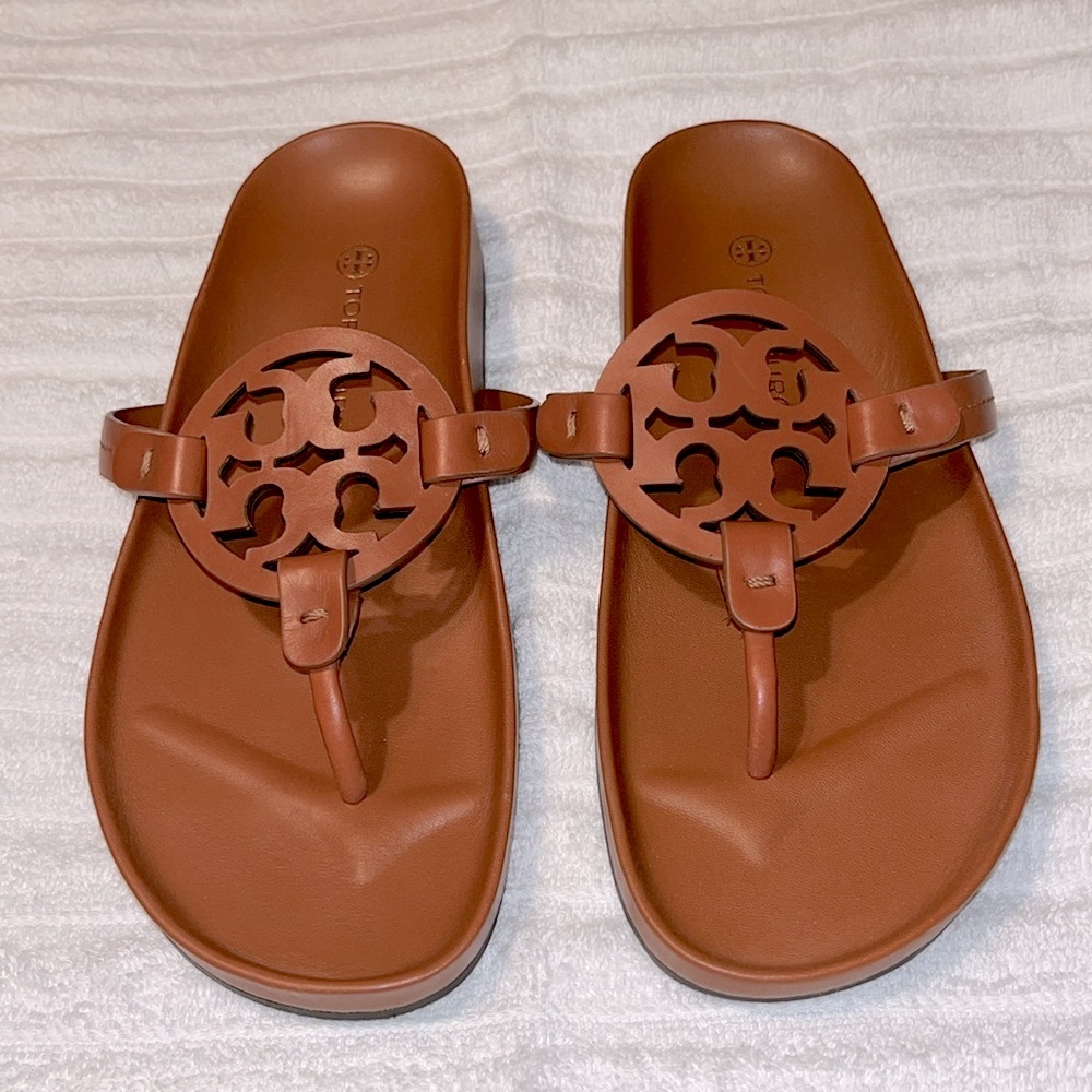 Tory Burch Cognac Leather Logo Toe-Post Sandals